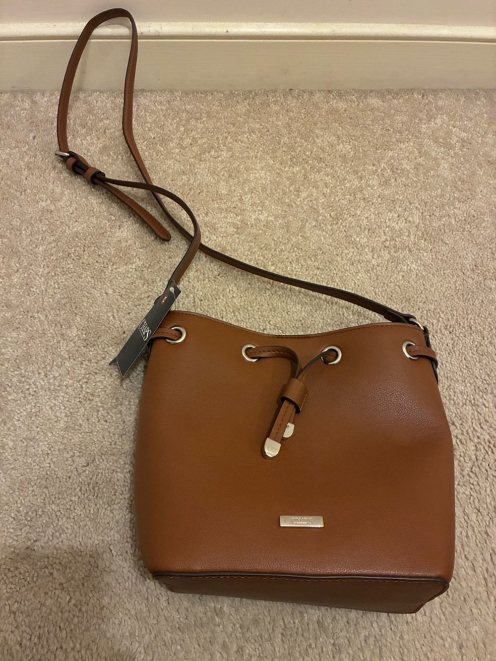 CHAPS Brown Leather Bucket Crossbody Bag - Women's Shoulder Bag